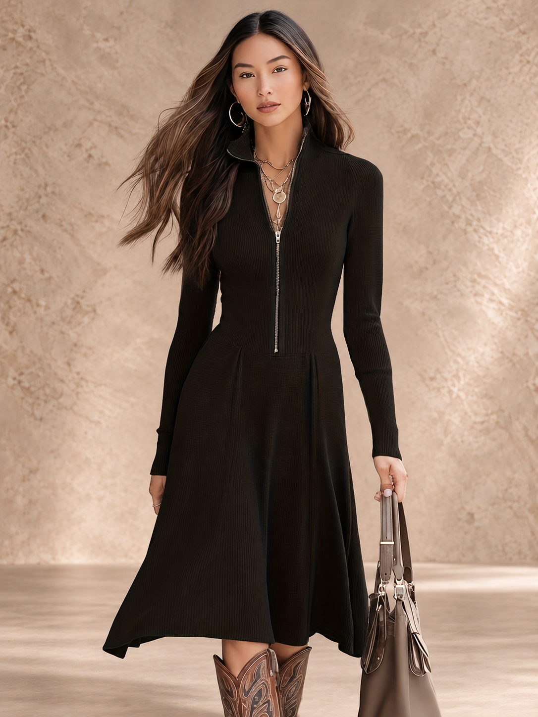 Hortense | Zip-Front Long Sleeve Stretch Dress
