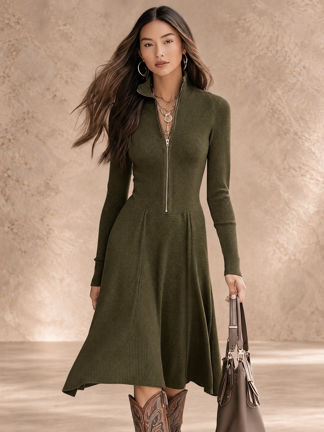 Hortense | Zip-Front Long Sleeve Stretch Dress