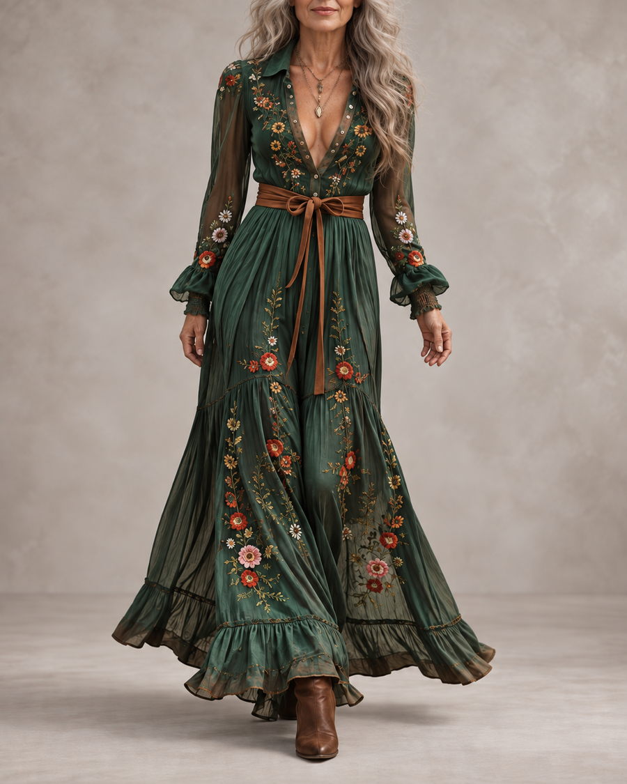 Helga | Embroidered Boho Maxi Dress