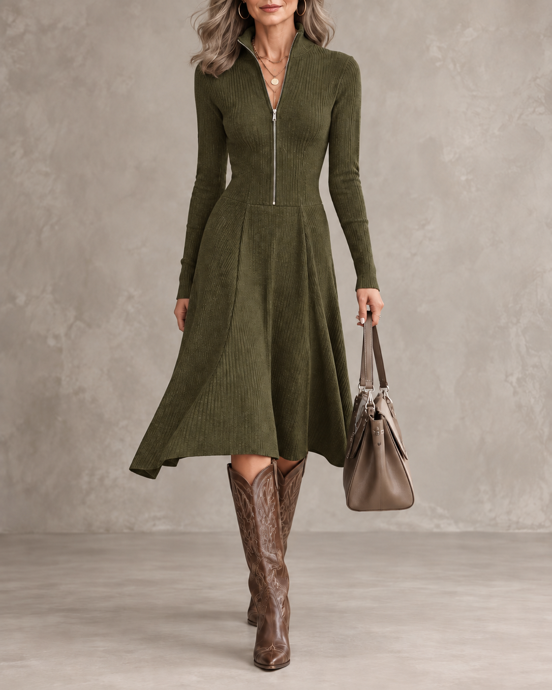 Hortense | Zip-Front Long Sleeve Stretch Dress