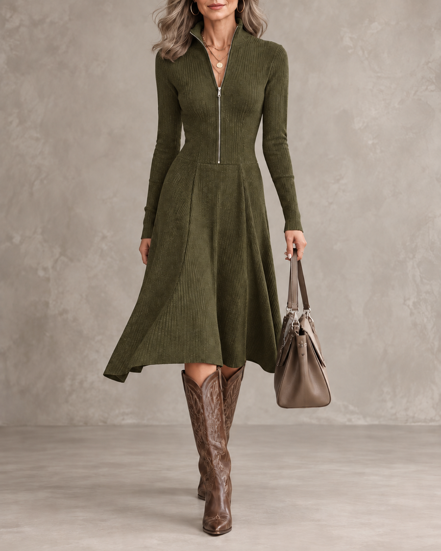 Hortense | Zip-Front Long Sleeve Stretch Dress