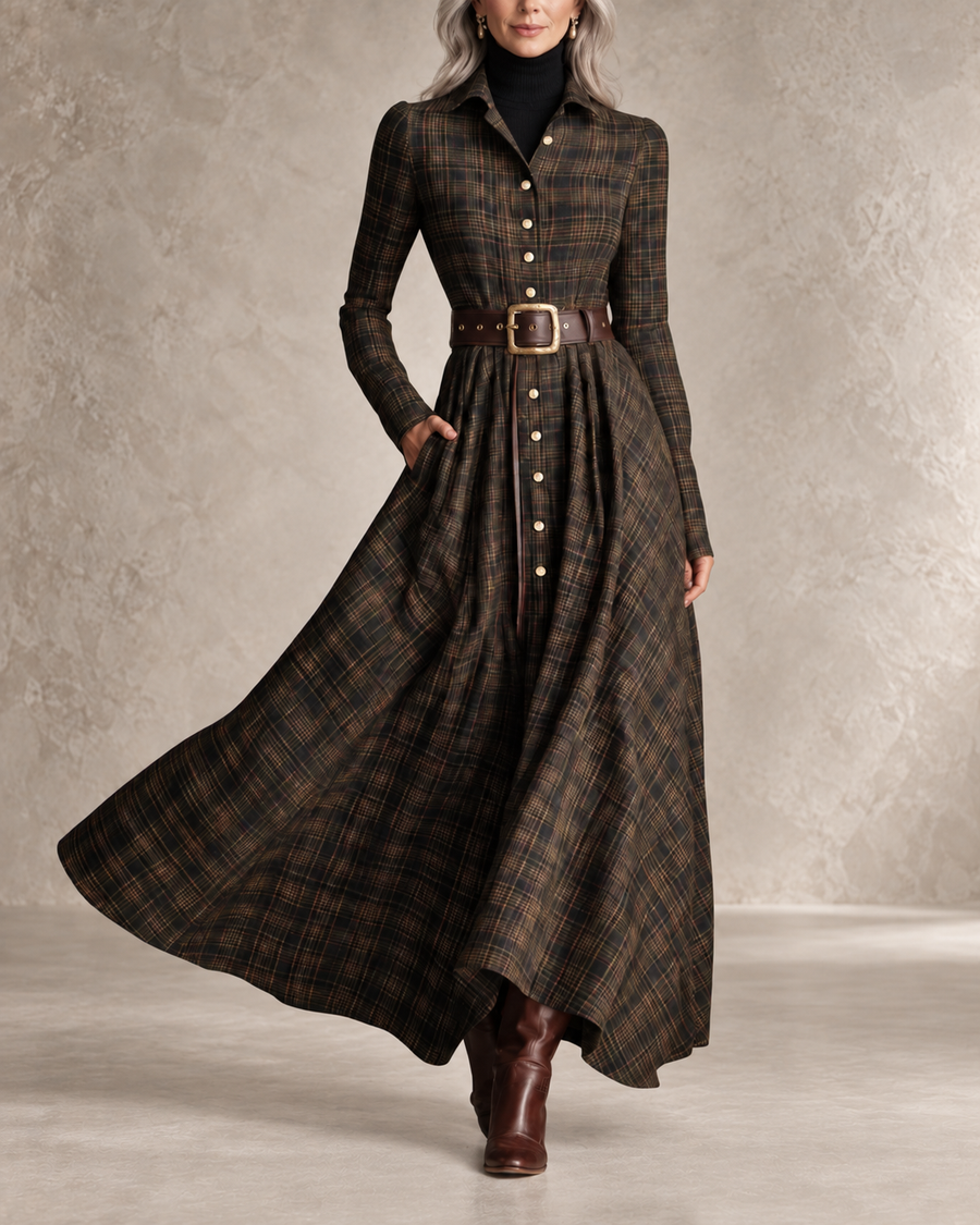Gerda | A-Line Plaid Belted Button-Front Dress