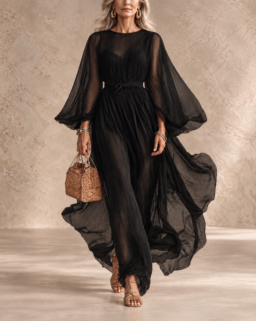 Hertha | Pleated Dress with Sheer Statement Sleeves