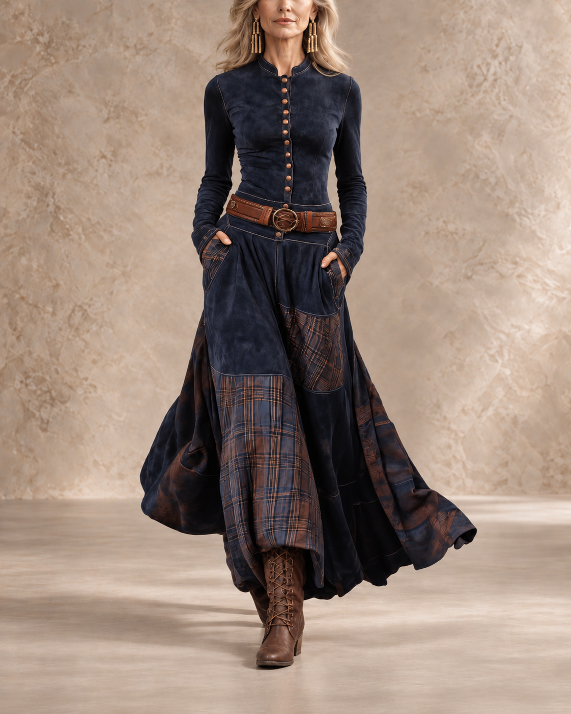 Galina | Plaid Skirt Belted Maxi Dress
