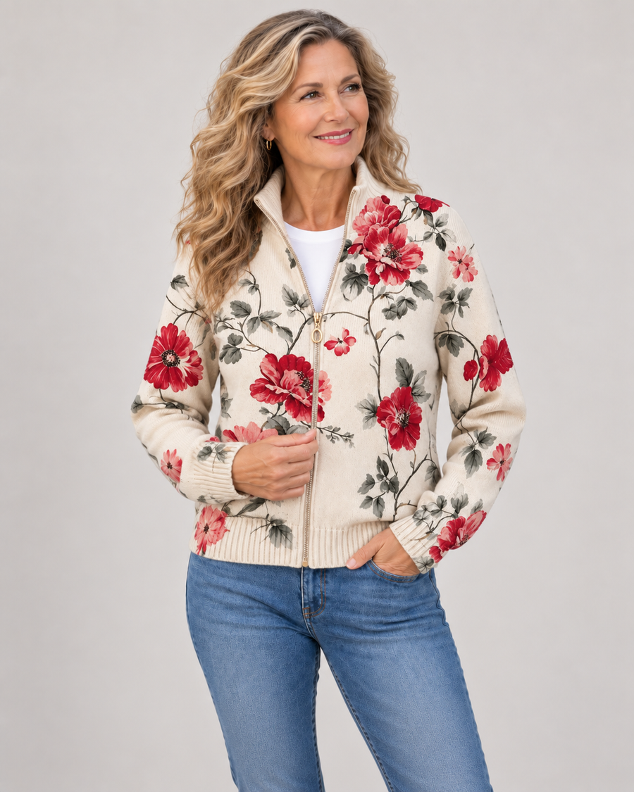 Wilhelmine™ | Vintage Rose Print Zip Cardigan