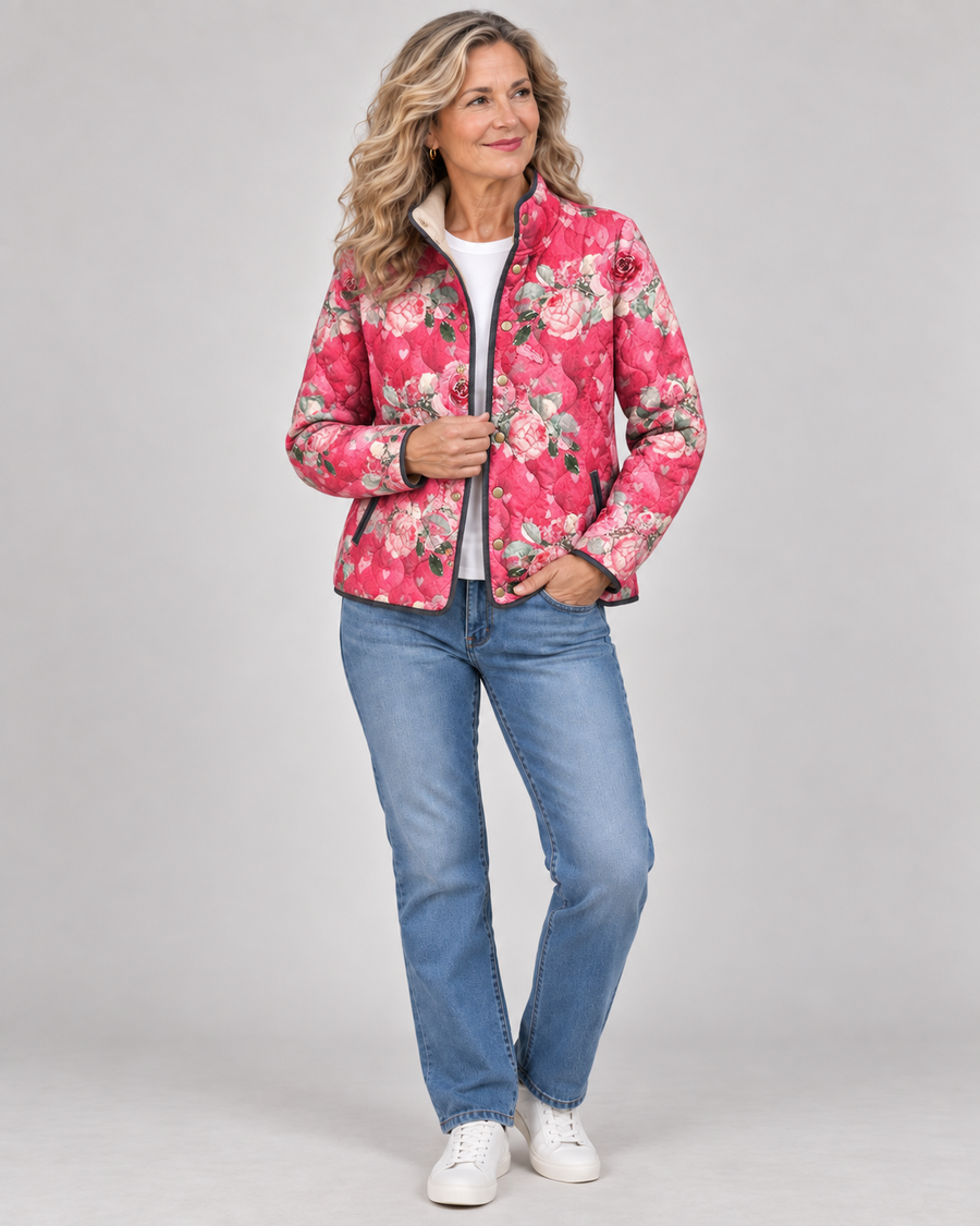 Freya | Charming Pink Floral Print Quilted Jacket