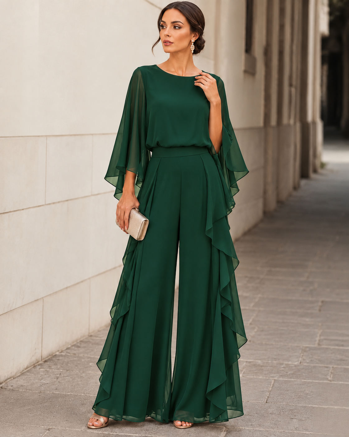 Neva Cape-Sleeve Chiffon Two-Piece Set in Green