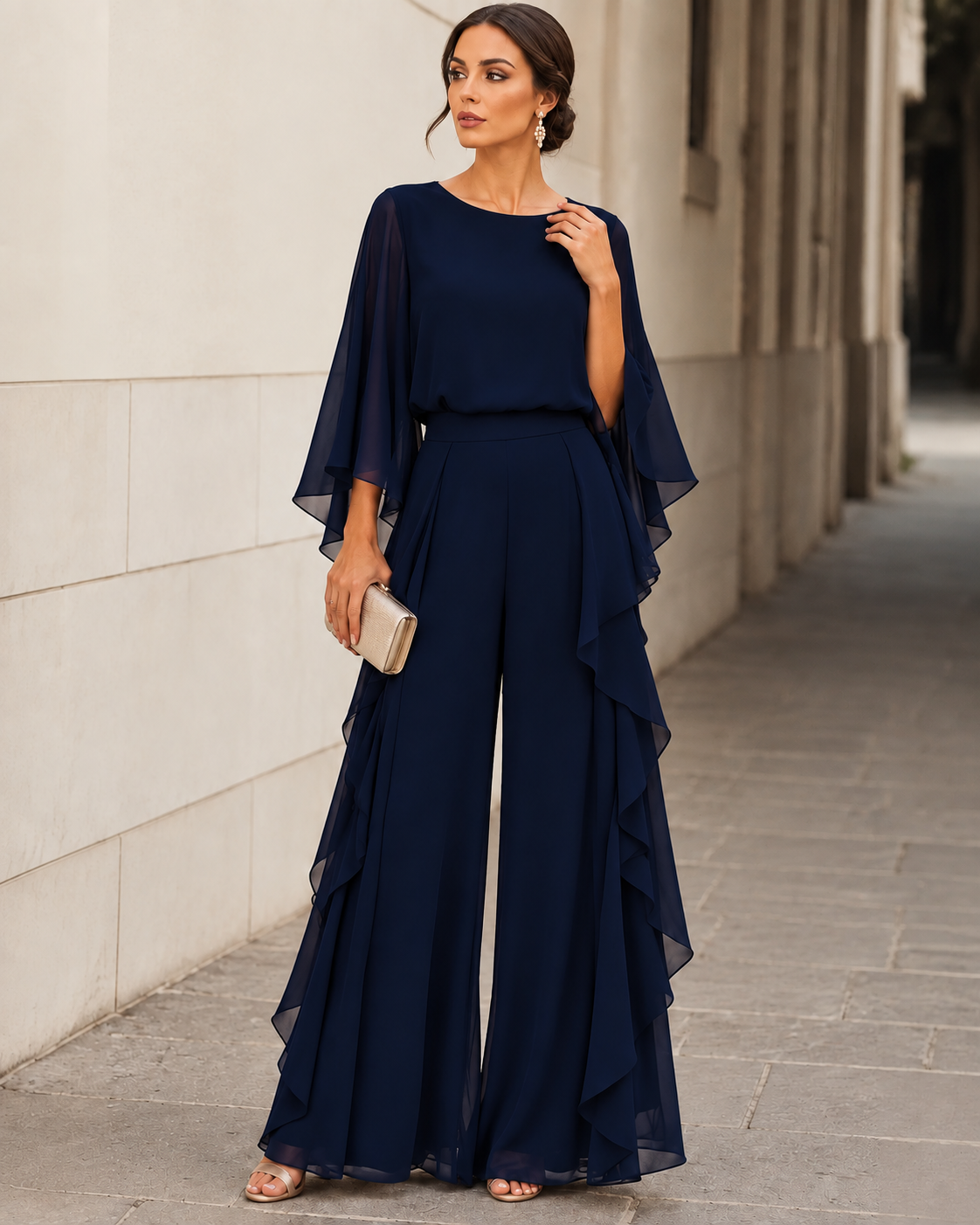 Neva Cape-Sleeve Chiffon Two-Piece Set in Navy