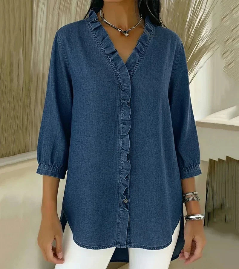 Valerie | Ruffled V-Neck Denim-Look Blouse