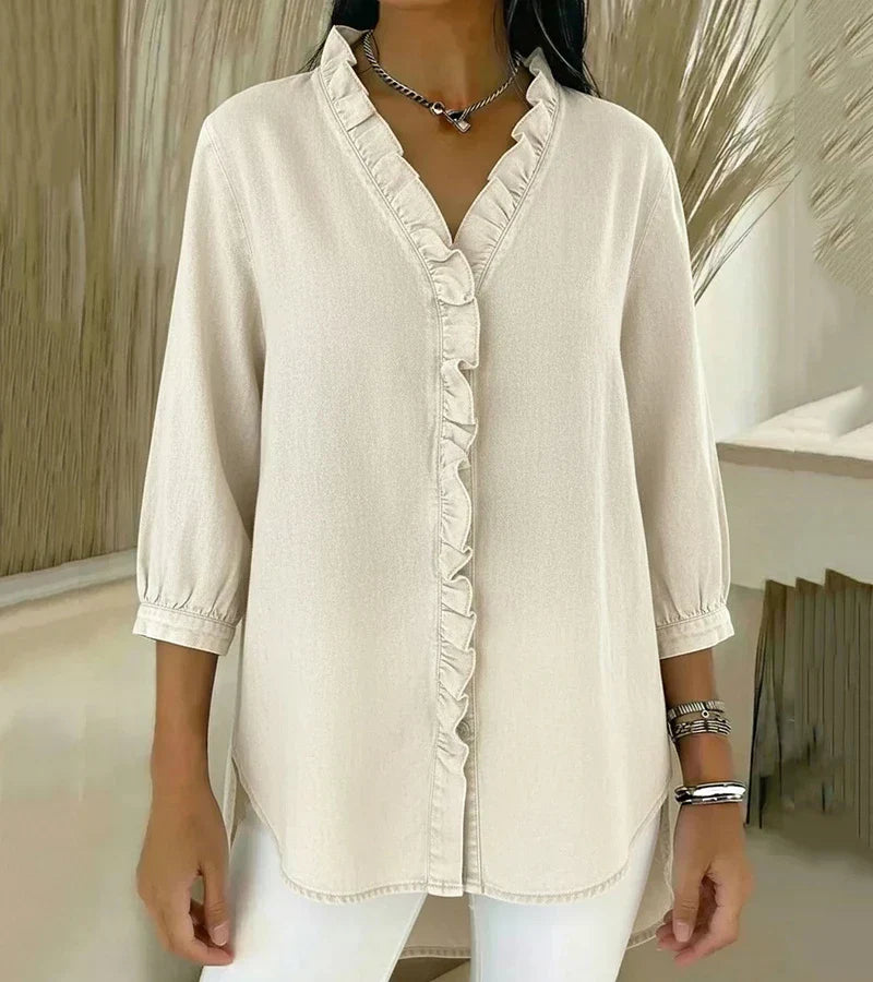 Valerie | Ruffled V-Neck Denim-Look Blouse