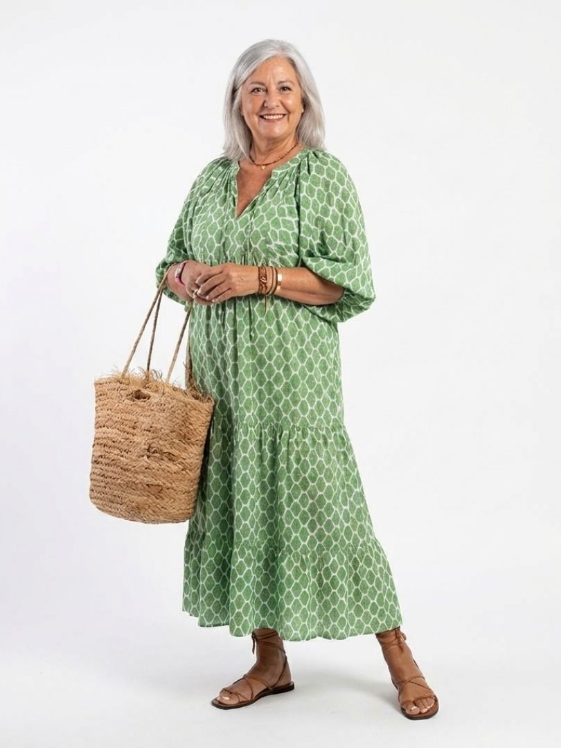 Karina | Patterned Tiered Midi Dress with Three-Quarter Sleeves