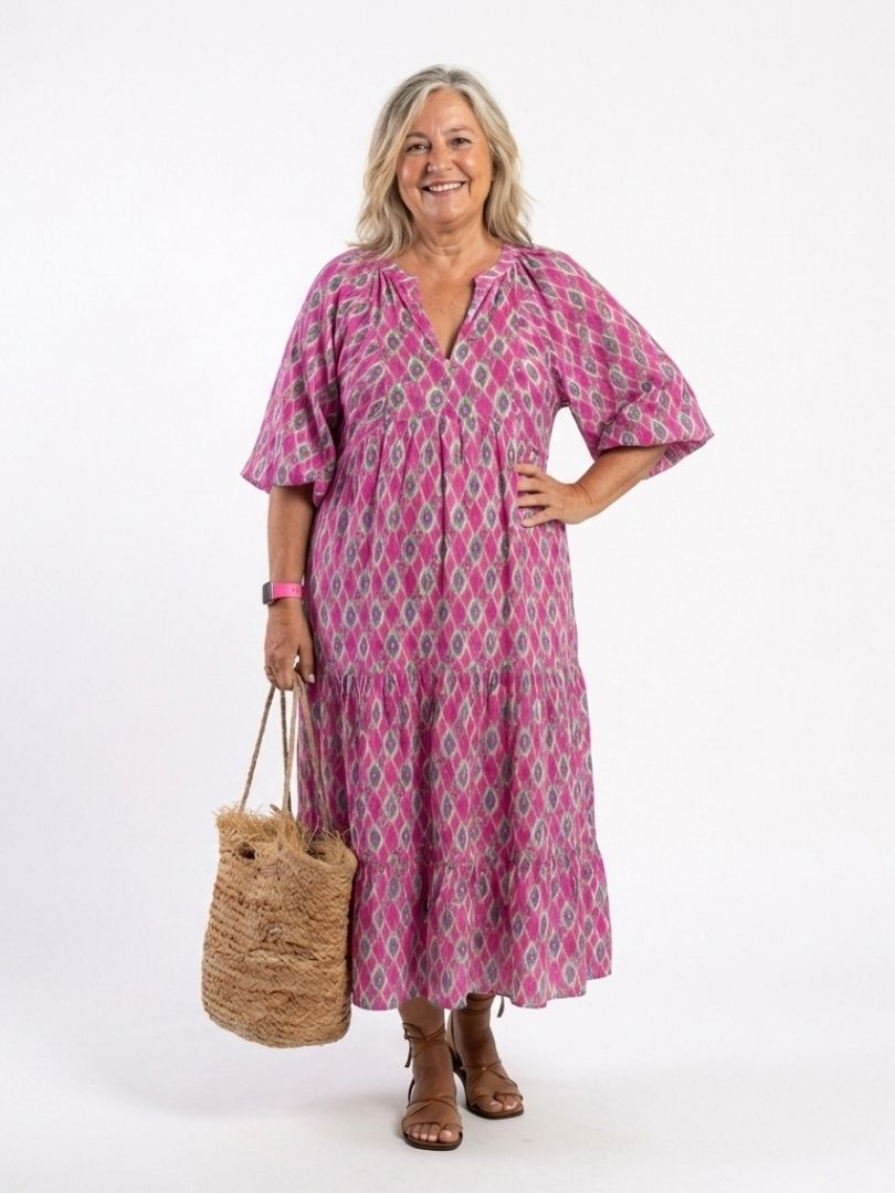 Karina | Patterned Tiered Midi Dress with Three-Quarter Sleeves