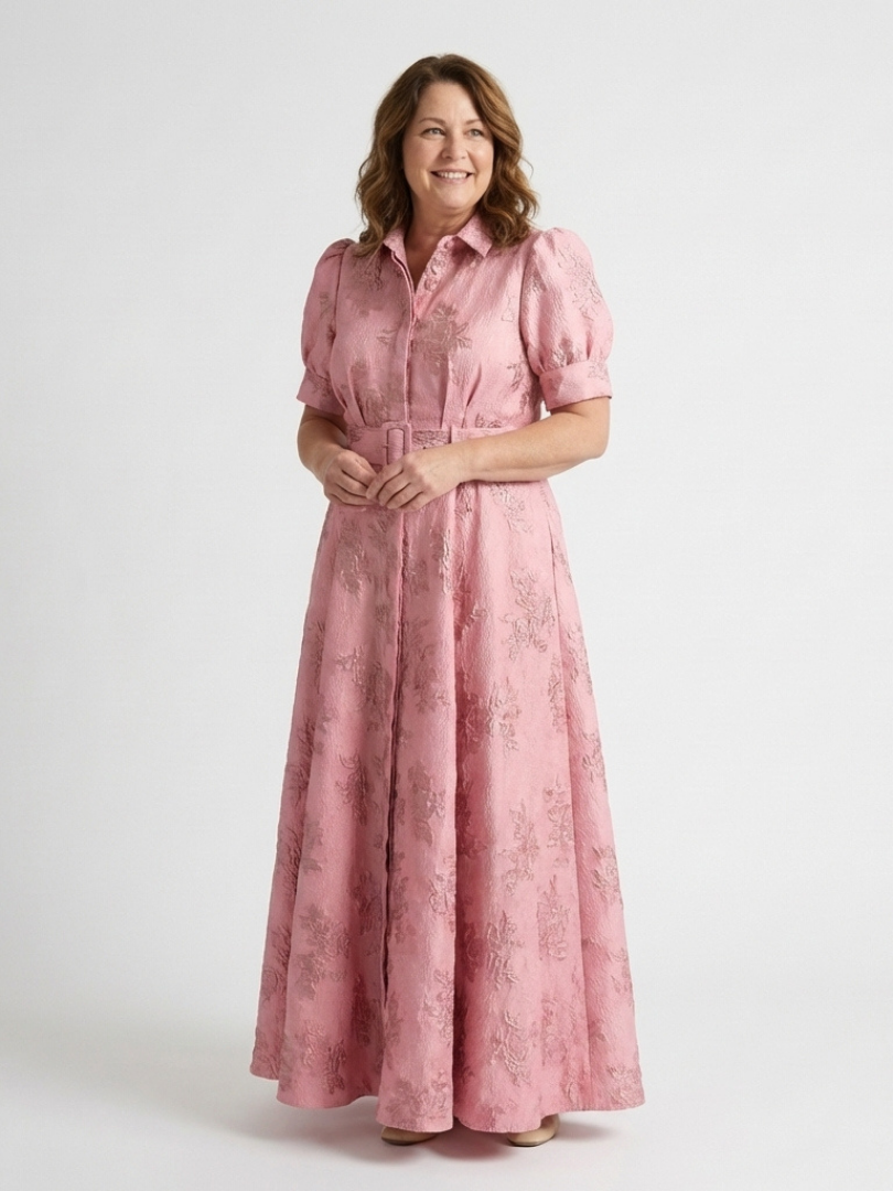 Mariette | Belted Floral Textured Maxi Shirt Dress