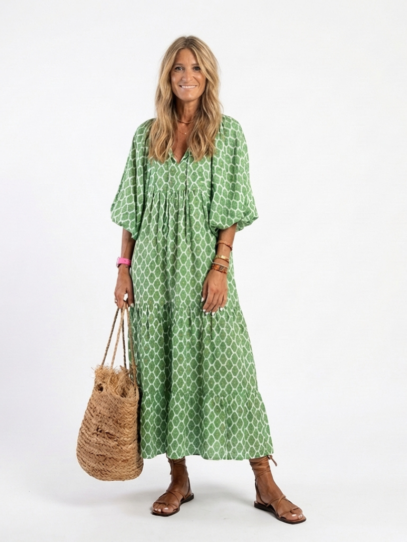 Karina | Patterned Tiered Midi Dress with Three-Quarter Sleeves