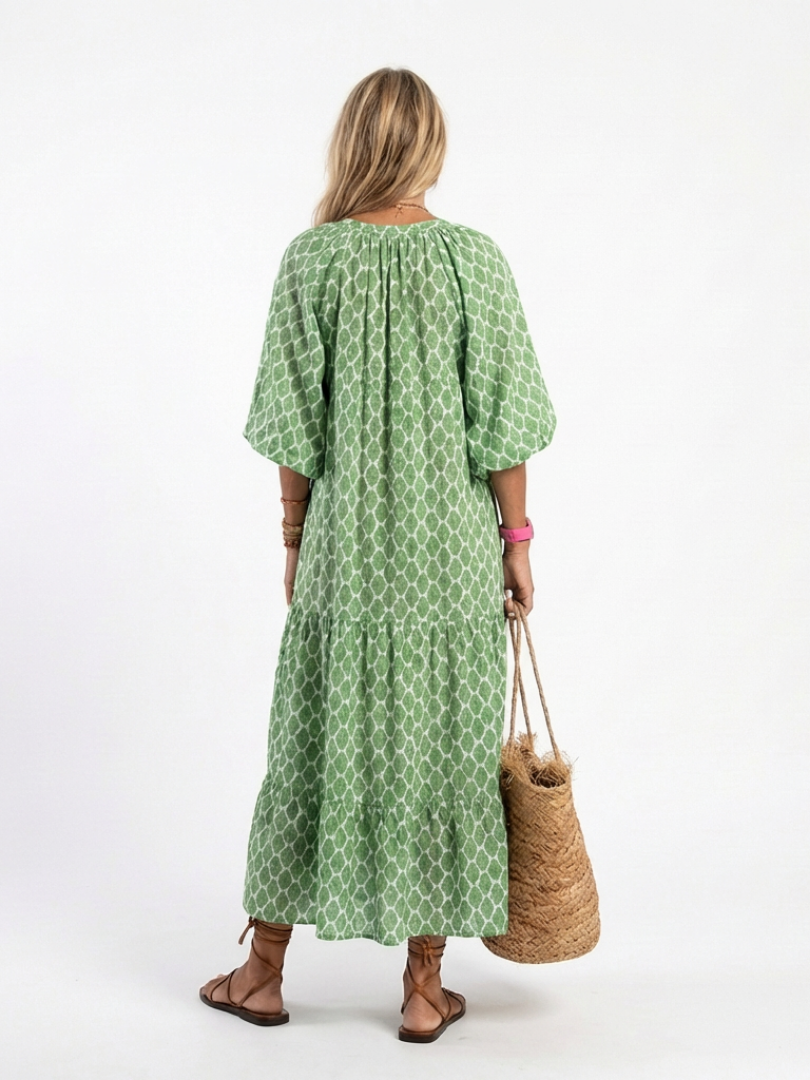 Karina | Patterned Tiered Midi Dress with Three-Quarter Sleeves
