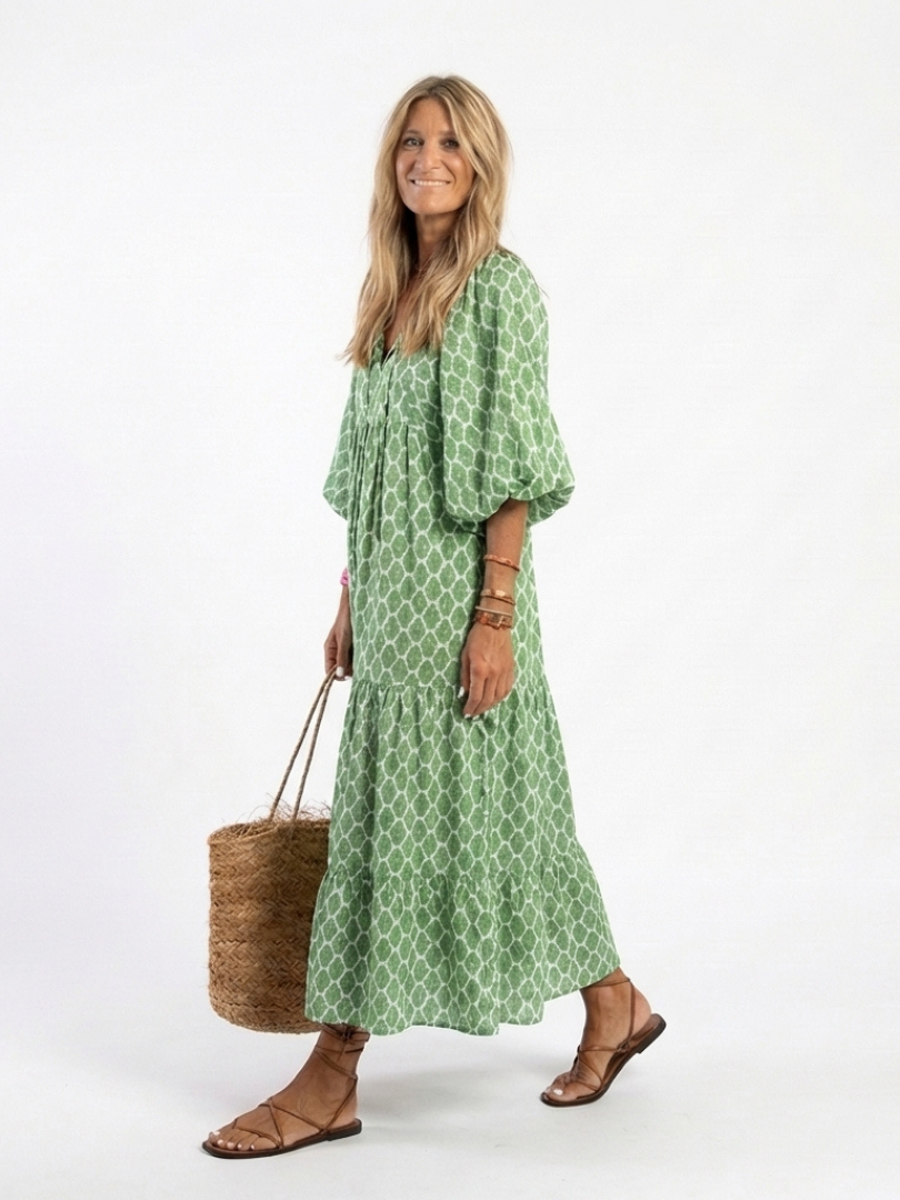 Karina | Patterned Tiered Midi Dress with Three-Quarter Sleeves