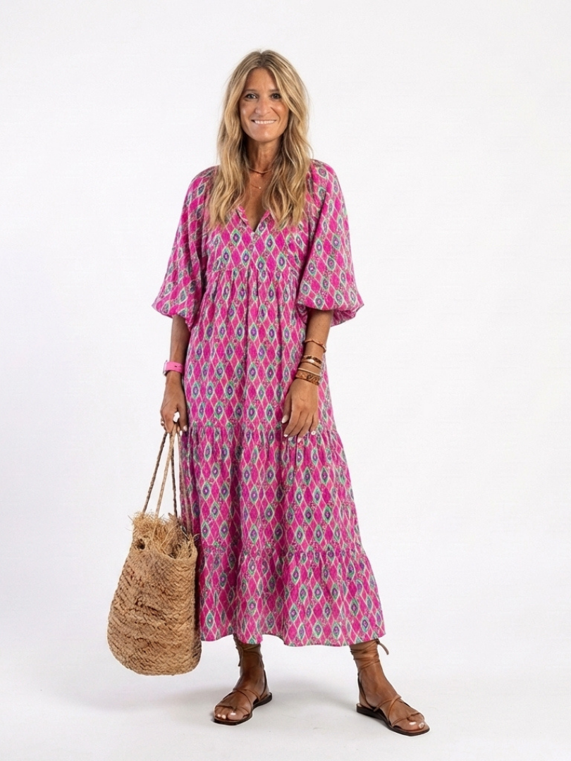 Karina | Patterned Tiered Midi Dress with Three-Quarter Sleeves