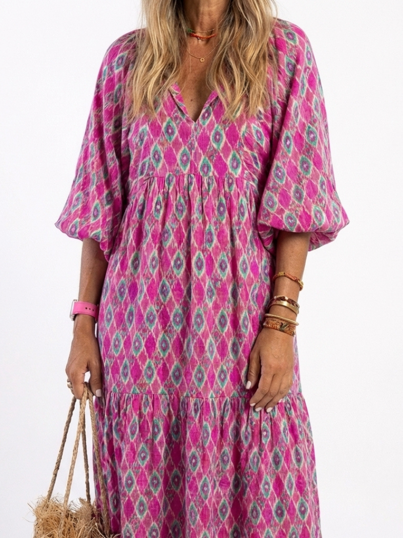 Karina | Patterned Tiered Midi Dress with Three-Quarter Sleeves