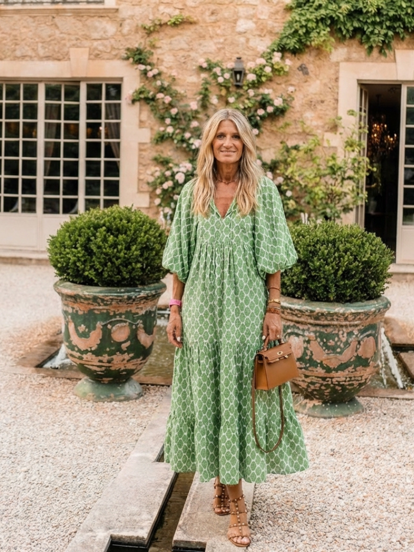 Karina | Patterned Tiered Midi Dress with Three-Quarter Sleeves