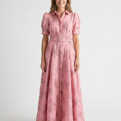 Mariette | Belted Floral Textured Maxi Shirt Dress