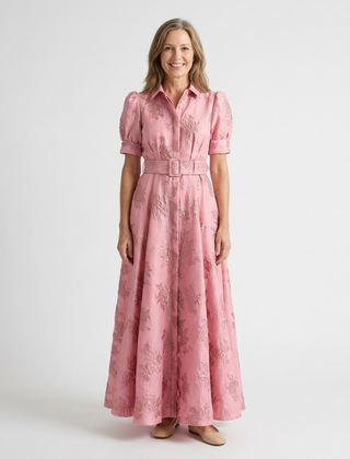 Mariette | Belted Floral Textured Maxi Shirt Dress
