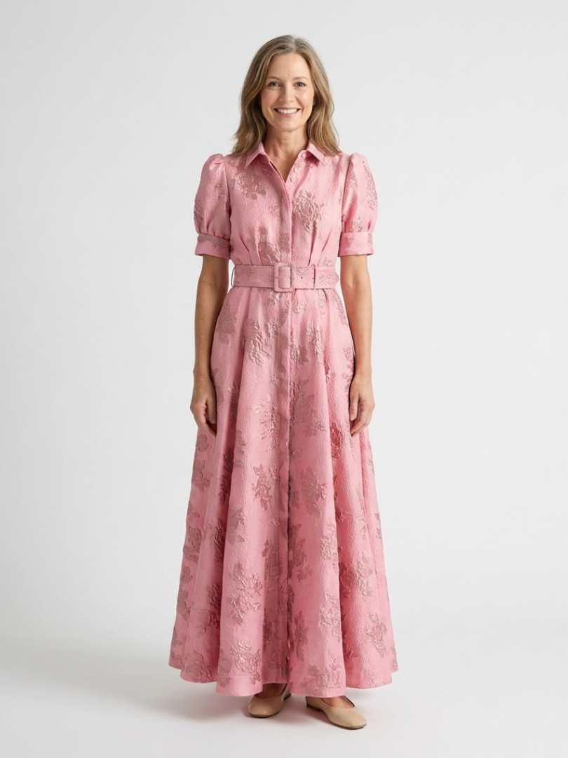 Mariette | Belted Floral Textured Maxi Shirt Dress