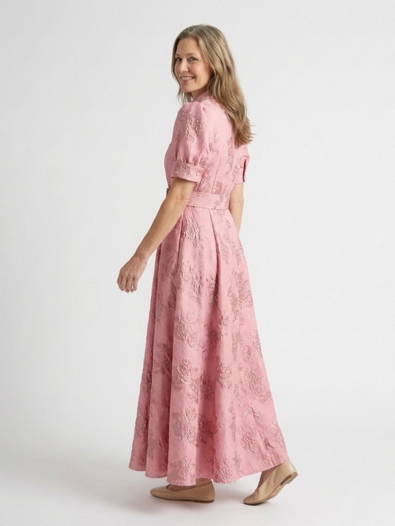 Mariette | Belted Floral Textured Maxi Shirt Dress