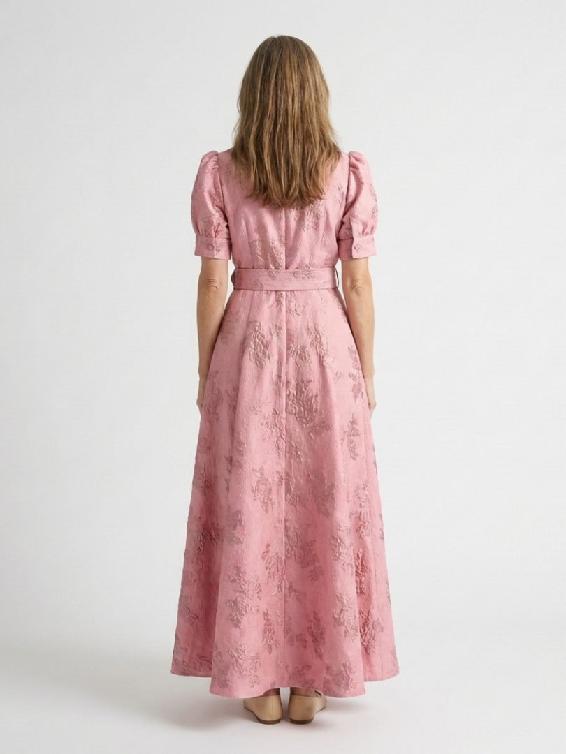 Mariette | Belted Floral Textured Maxi Shirt Dress