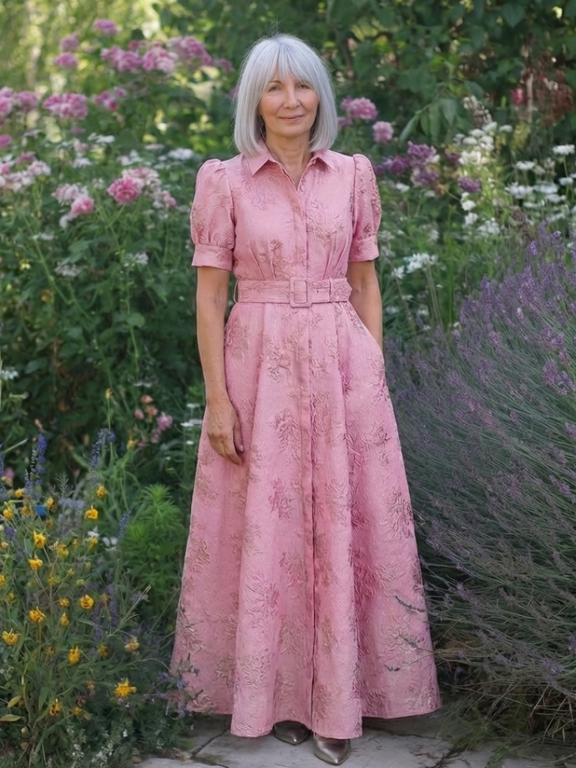 Mariette | Belted Floral Textured Maxi Shirt Dress