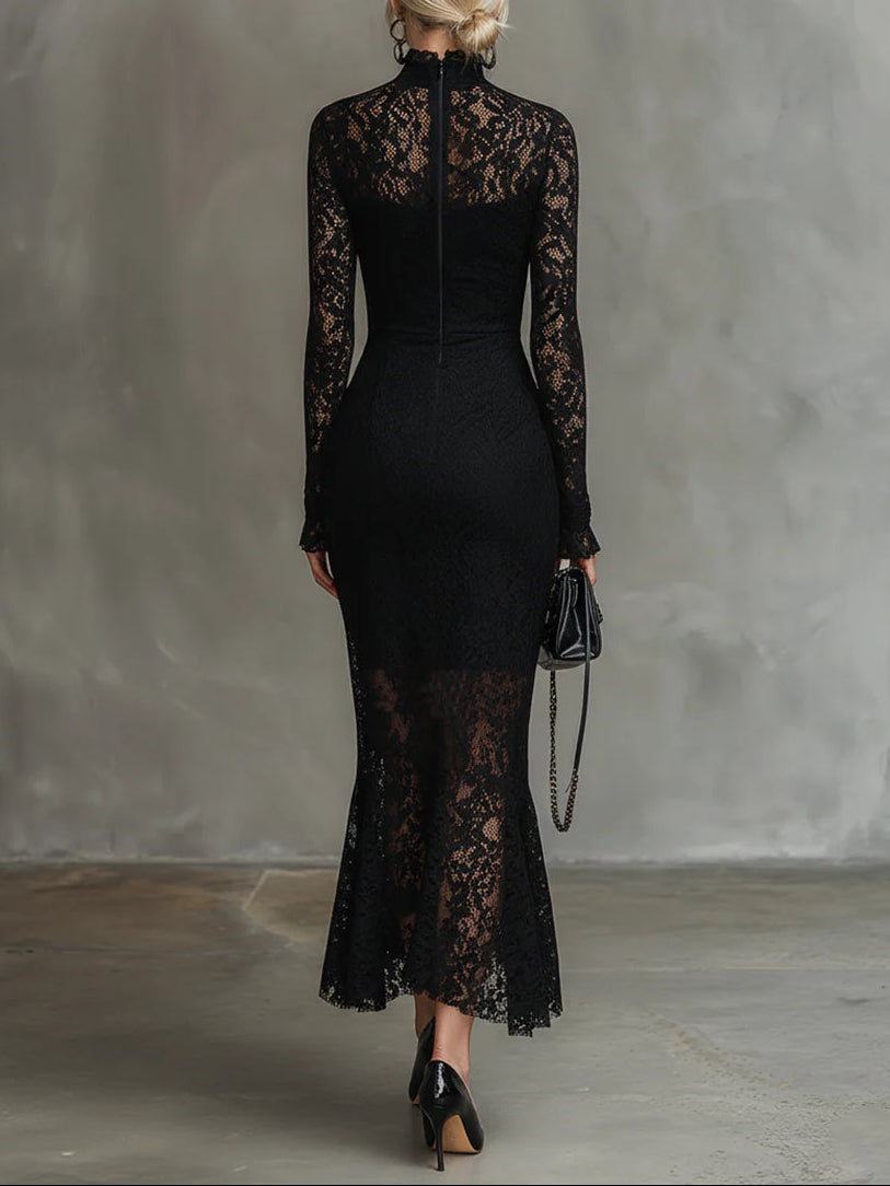 Cicely | Black Stretch Lace Fishtail Maxi Dress
