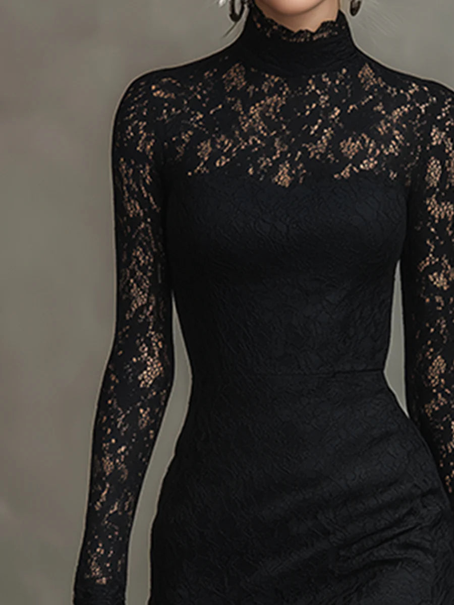 Cicely | Black Stretch Lace Fishtail Maxi Dress