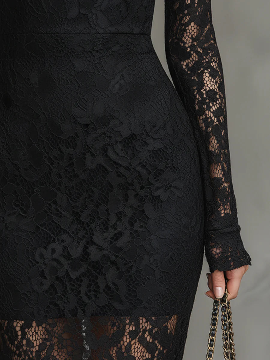 Cicely | Black Stretch Lace Fishtail Maxi Dress
