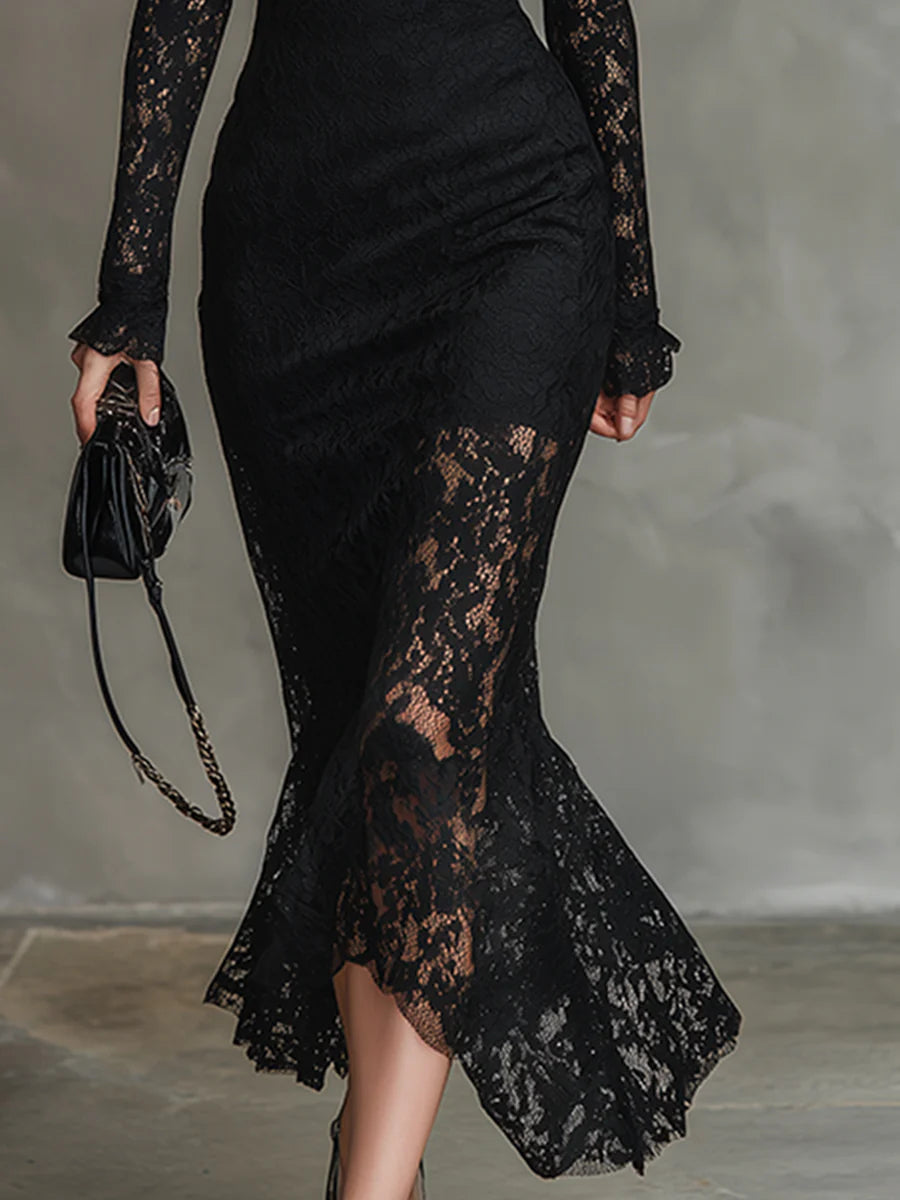 Cicely | Black Stretch Lace Fishtail Maxi Dress