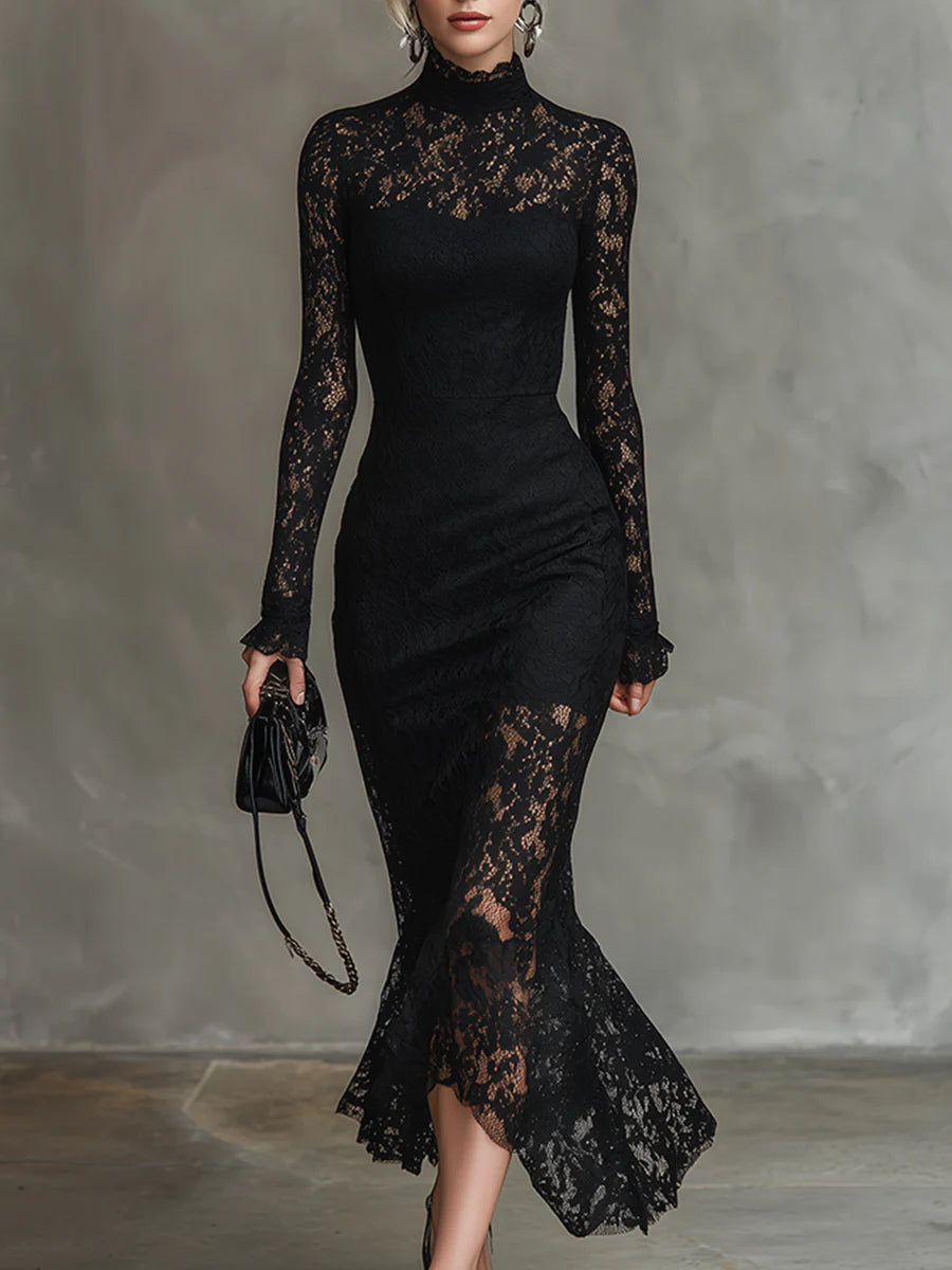 Cicely | Black Stretch Lace Fishtail Maxi Dress