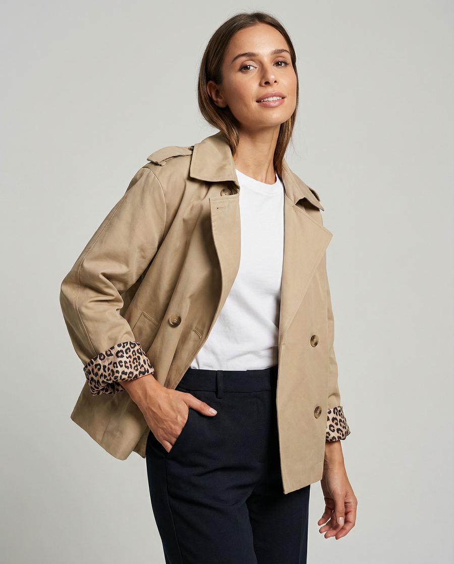 Drew | Leopard-Lined Cropped Trench Coat