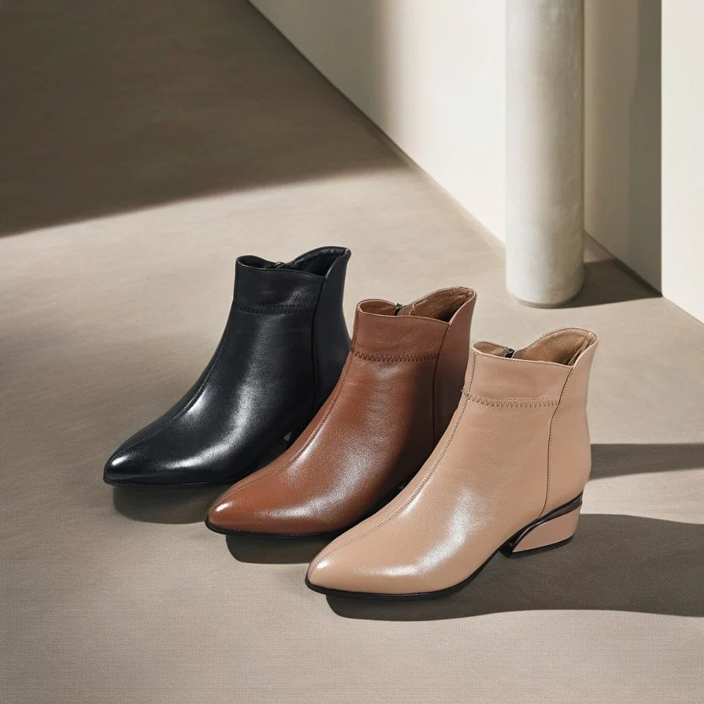 Clarabelle Pointed-Toe Low Heel Ankle Boots