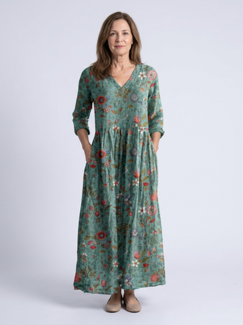 Lucette | Floral V-Neck Three-Quarter Sleeve Maxi Dress