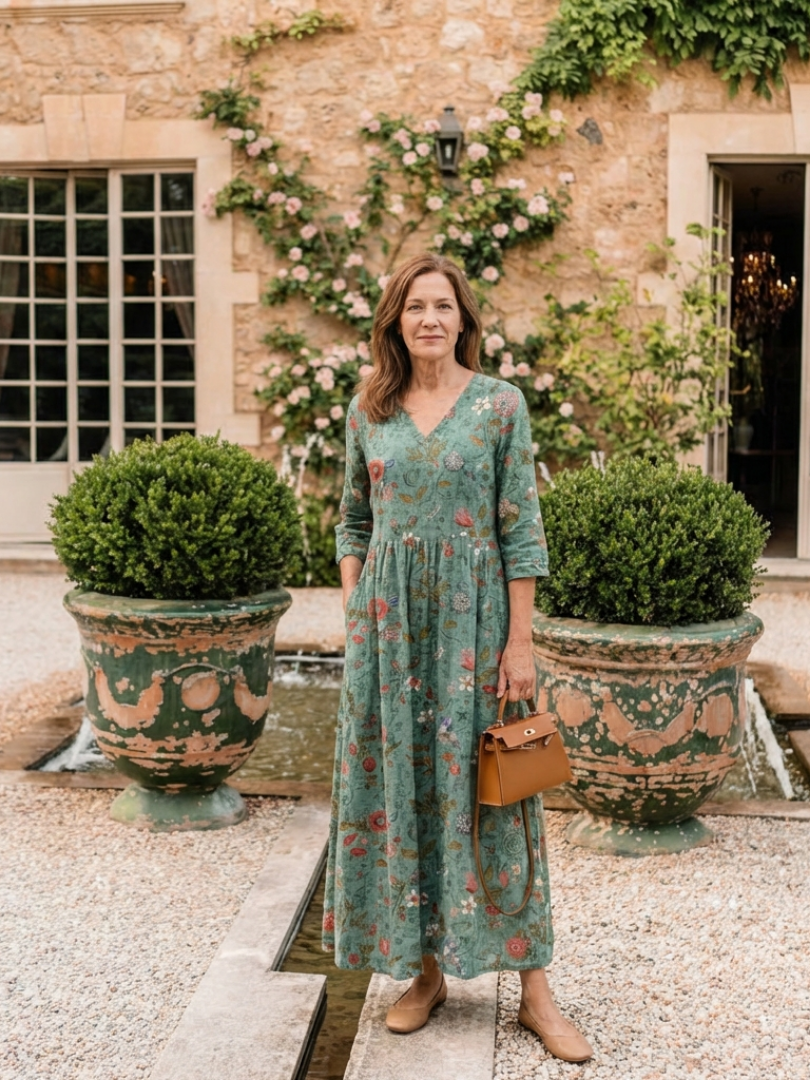 Lucette | Floral V-Neck Three-Quarter Sleeve Maxi Dress