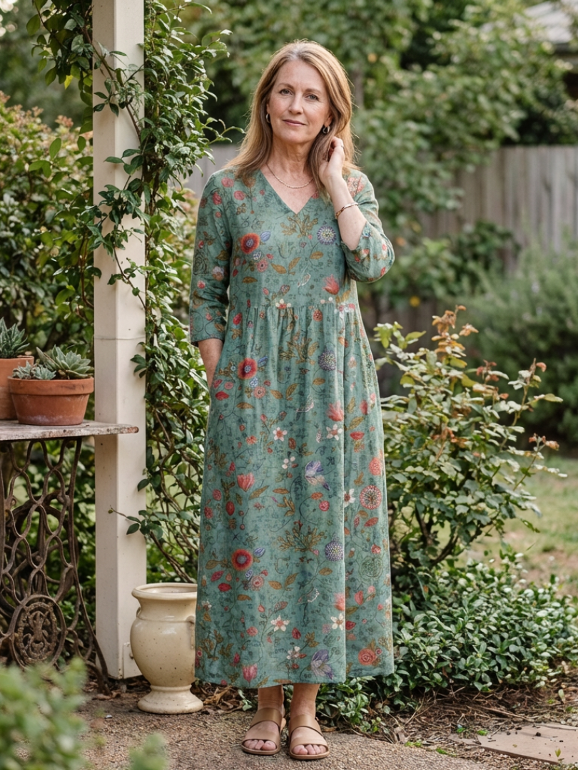 Lucette | Floral V-Neck Three-Quarter Sleeve Maxi Dress