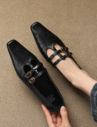 Lotte Brogue Double-Strap Mary Jane Flats in Black