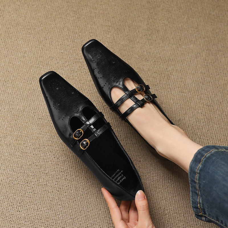 Lotte Brogue Double-Strap Mary Jane Flats in Black