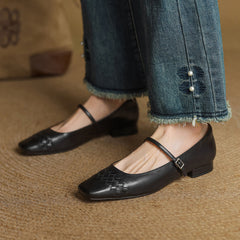 Thalia Square-Toe Mary Jane Flats in Black