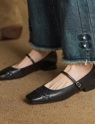 Thalia Square-Toe Mary Jane Flats in Black