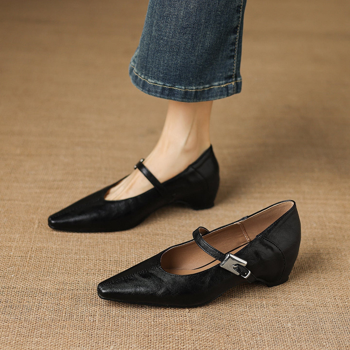 Ulla Pointed-Toe Mary Jane Flats in Black