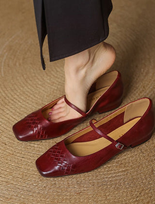 Thalia Square-Toe Mary Jane Flats in Red