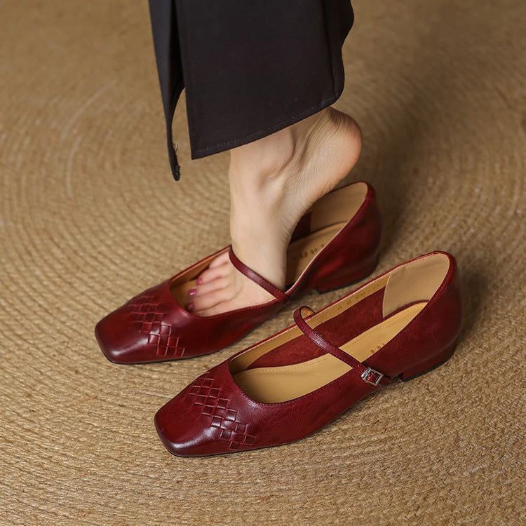 Thalia Square-Toe Mary Jane Flats in Red