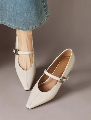 Ulla Pointed-Toe Mary Jane Flats in Cream