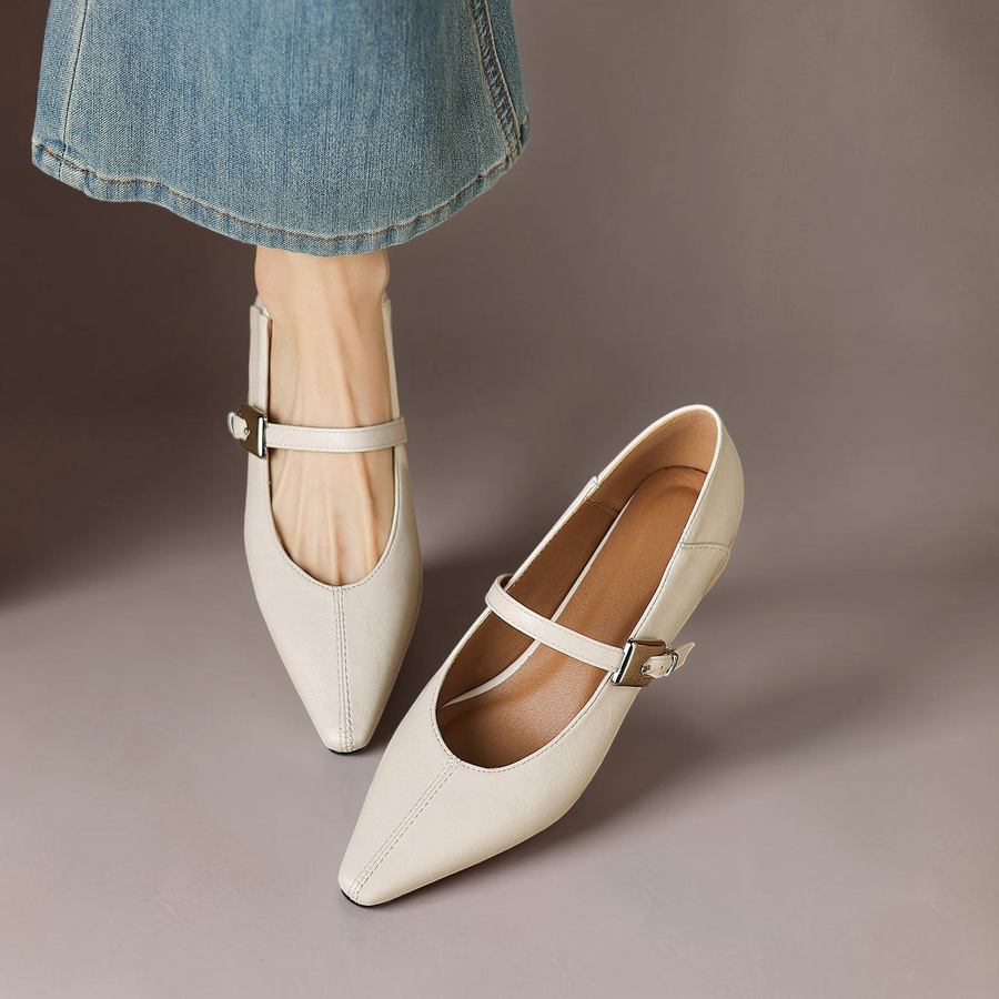 Ulla Pointed-Toe Mary Jane Flats in Cream