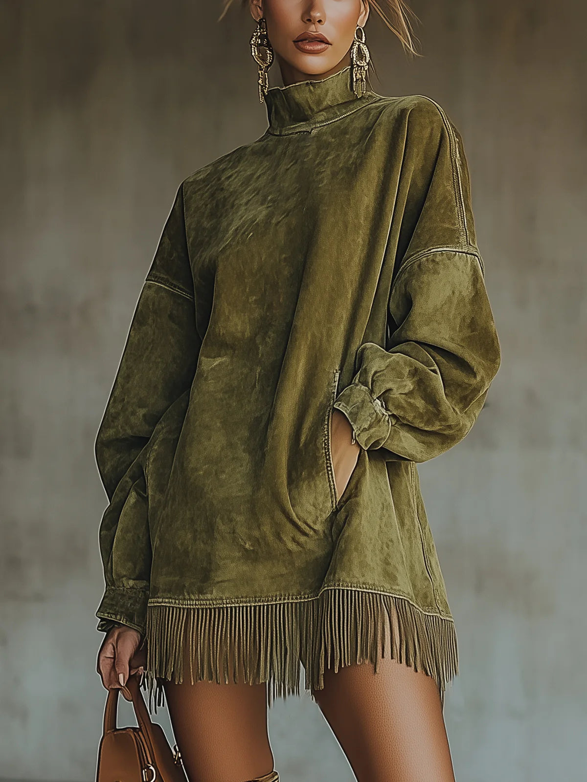 Daria | Suede-Look Fringe Hem Turtleneck Dress