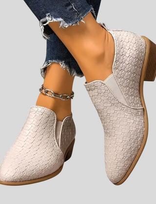 Tamsin braided block heel ankle boots in Beige